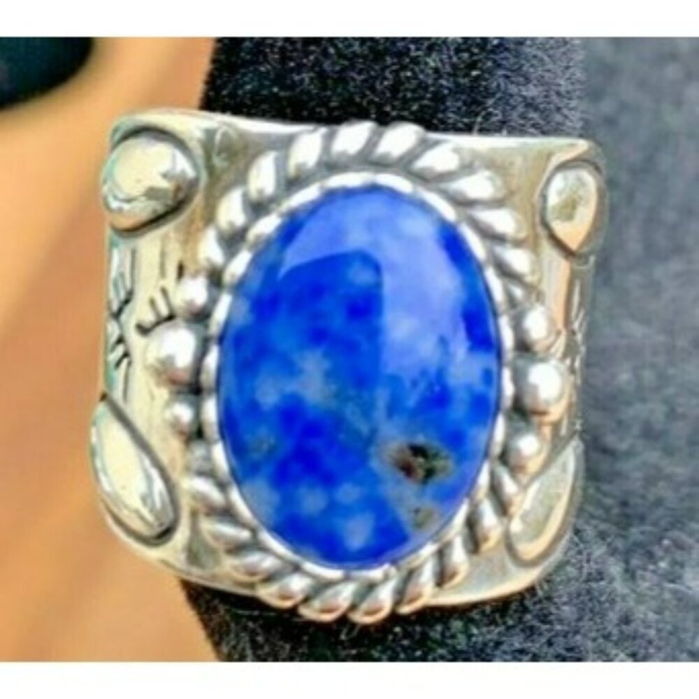 Carolyn Pollack Sterling Silver Ring With Blue Lapis Stone & Engraved Design 7.5